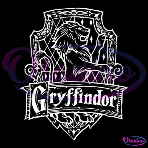 A black and white illustration features the Gryffindor house crest from the Harry Potter series. The detailed crest showcases a lion standing on its hind legs, with a banner below it that reads "Gryffindor." Ornate designs frame the entire crest.