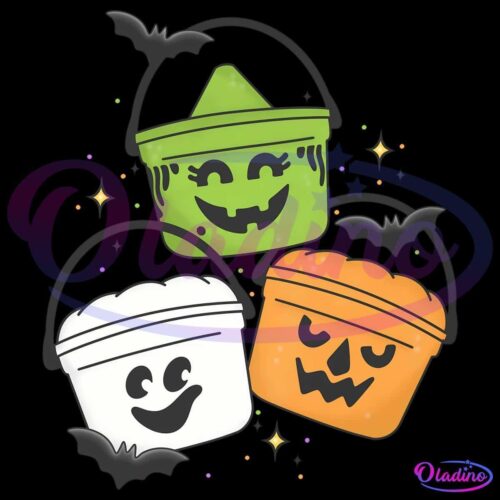 Three Halloween-themed buckets with faces: a green bucket with a smiling face and bat wing hat, a white bucket with a happy face, and an orange bucket with a jack-o'-lantern face and bat wing hat. Sparkles and bats surround them against a black background.