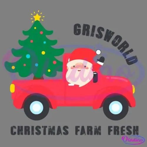 A jolly Santa Claus drives a red truck carrying a decorated Christmas tree. The words "Grisworld Christmas Farm Fresh" surround the image in a playful font, evoking a festive and cheerful holiday spirit.