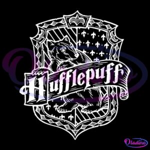 An intricate black and white drawing of the Hufflepuff crest from the Harry Potter series. The crest features a badger, the symbol of Hufflepuff house, centered behind a banner with the house name, "Hufflepuff." The background includes geometric and floral elements.