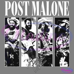 Black and white stylized image featuring four panels of the same bearded man, Post Malone, performing with a variety of musical instruments and poses. The top text reads "POST MALONE" and there is a signature-style graphic at the bottom.