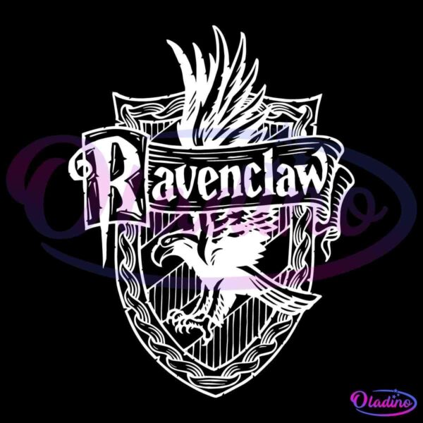 A grayscale illustration of the Ravenclaw house emblem from the Harry Potter series. The crest features an eagle with wings spread, set against a shield adorned with intricate patterns. The word "Ravenclaw" is prominently displayed on a banner above the eagle.