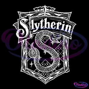 The image shows the Slytherin house crest from the Harry Potter series. It features a stylized "Slytherin" text at the top and a prominent snake coiled in an "S" shape against a shield-like background with intricate patterns. The design is rendered in white.