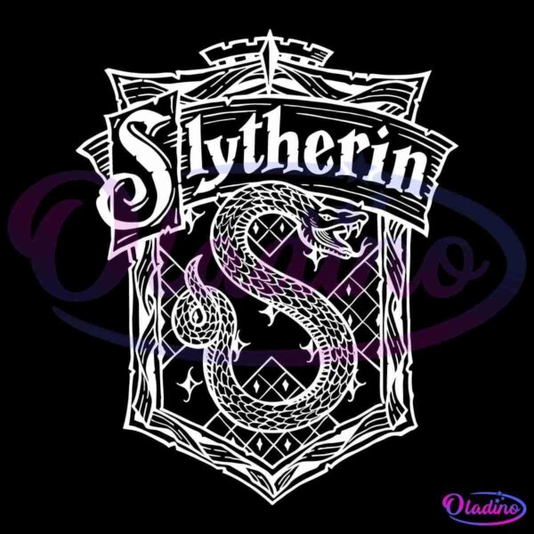 The image shows the Slytherin house crest from the Harry Potter series. It features a stylized "Slytherin" text at the top and a prominent snake coiled in an "S" shape against a shield-like background with intricate patterns. The design is rendered in white.