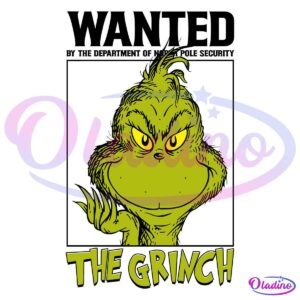 Illustration of the Grinch, a green, grumpy character with a mischievous expression, yellow eyes, and a tuft of hair on top of his head. Below the image is text in a playful font that reads "THE GRINCH." The background is black.