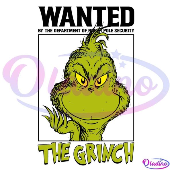 Illustration of the Grinch, a green, grumpy character with a mischievous expression, yellow eyes, and a tuft of hair on top of his head. Below the image is text in a playful font that reads "THE GRINCH." The background is black.