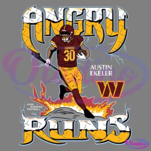 Illustration of a football player in a red and yellow uniform with the number 30, running with a football. The text "Angry Runs" is displayed prominently around him, with "Austin Ekeler" and a "Good Morning Football" logo also included. Background includes flames.