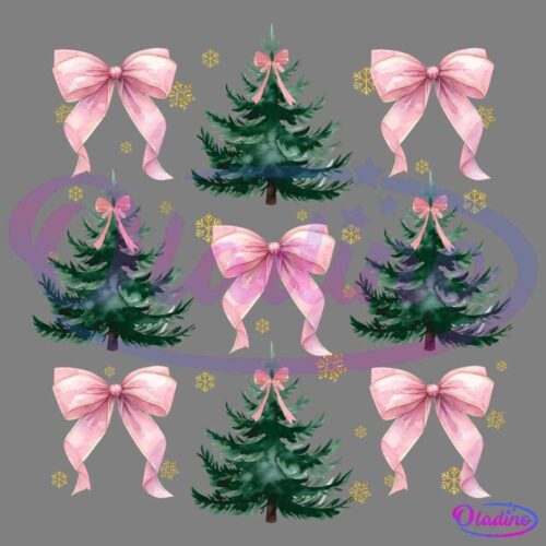 Pattern of watercolor Christmas trees and pink bows with scattered yellow snowflakes on a black background. The design repeats the elements in a grid-like formation, alternating between the trees and bows, creating a festive and cheerful appearance.