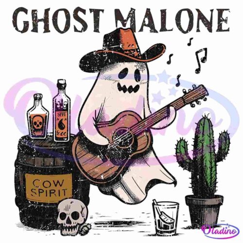 Illustration of a ghost wearing a cowboy hat, playing an acoustic guitar. Next to the ghost is a barrel labeled "Cow Spirit," accompanied by a skull, a shot glass, and two bottles with skull labels. A cactus is visible to the right, and "Ghost Malone" is written above.