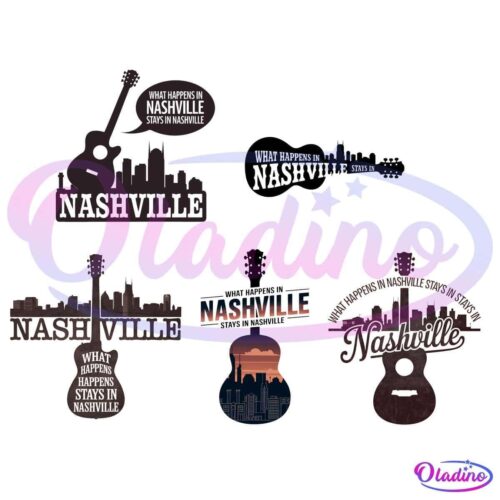 A collection of five Nashville-themed logos featuring guitars and cityscape elements. Text includes phrases like "Nashville" and "What happens in Nashville, stays in Nashville." Each design integrates musical elements showcasing the city's musical heritage.