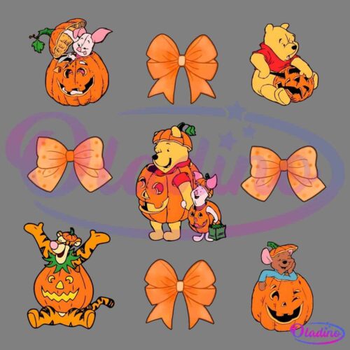 A festive Halloween-themed image featuring several cartoon characters. They are dressed in costumes and interacting with pumpkins, surrounded by orange bows. The characters include a bear, piglet, and tiger, all in joyful Halloween activities.