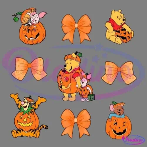 A festive Halloween-themed image featuring several cartoon characters. They are dressed in costumes and interacting with pumpkins, surrounded by orange bows. The characters include a bear, piglet, and tiger, all in joyful Halloween activities.