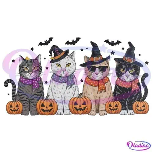 Illustration of four cats in Halloween attire, standing in a row. Each cat wears a witch hat and a scarf. Small pumpkins with carved faces are placed in front of them. Bats can be seen flying in the background against a dark sky.