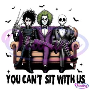 Three fictional, gothic-style characters are seated on a sofa against a black background. From left to right: One has scissor-like hands and a leather outfit, another has green hair and a purple suit with white makeup, and the third wears a pinstripe suit with a skeletal face.