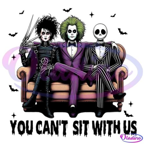 Three fictional, gothic-style characters are seated on a sofa against a black background. From left to right: One has scissor-like hands and a leather outfit, another has green hair and a purple suit with white makeup, and the third wears a pinstripe suit with a skeletal face.