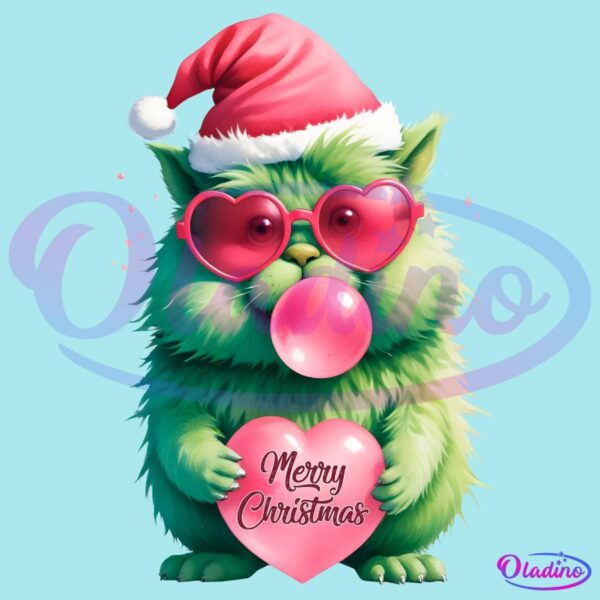 Cute Grinch Cat Blowing Bubble Pink Christmas PNG