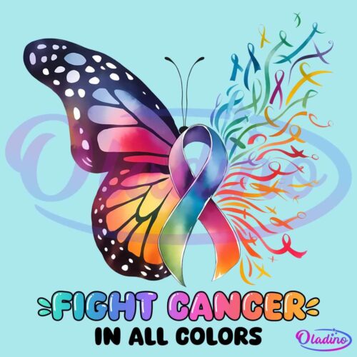 A colorful butterfly with one wing made of cancer awareness ribbons. The ribbons are in various colors. Below the butterfly, the text "Fight Cancer" is written in multicolored letters.