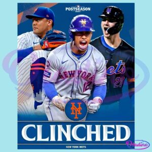 A graphic celebrates the New York Mets clinching a postseason spot in 2024. The image features three animated players in Mets uniforms in dynamic poses. Above them is the MLB Postseason 2024 logo, below is the Mets logo and the word "CLINCHED" in bold letters.