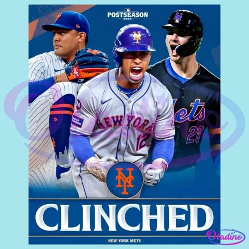 A graphic celebrates the New York Mets clinching a postseason spot in 2024. The image features three animated players in Mets uniforms in dynamic poses. Above them is the MLB Postseason 2024 logo, below is the Mets logo and the word "CLINCHED" in bold letters.