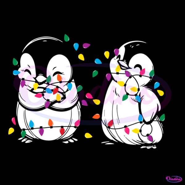 Two cartoon penguins wrapped in colorful Christmas lights, smiling with eyes closed. The lights in red, green, blue, and yellow add a festive atmosphere. The penguins appear joyful and playfully tangled in the lights.