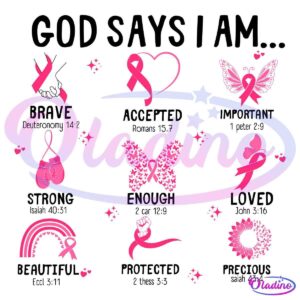 A collage of pink ribbon symbols in various shapes: heart, butterfly, boxing gloves, and more, each representing support for breast cancer awareness. Text reads "God Says I Am" and various positive attributes like "Loved," "Strong," and "Fearless.