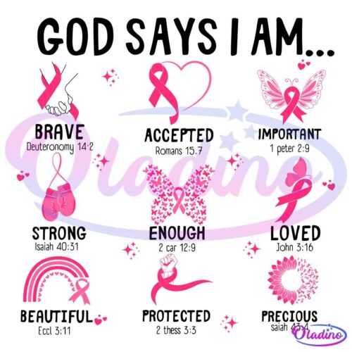 A collage of pink ribbon symbols in various shapes: heart, butterfly, boxing gloves, and more, each representing support for breast cancer awareness. Text reads "God Says I Am" and various positive attributes like "Loved," "Strong," and "Fearless.