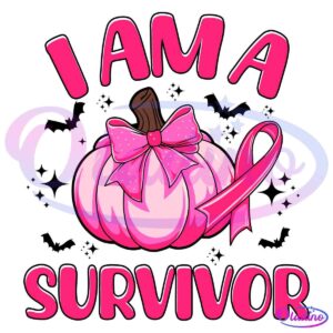 Illustration of a pink pumpkin with a pink bow and ribbon, symbolizing breast cancer awareness. The text "I AM A SURVIVOR" surrounds the pumpkin, celebrating survivorship. The background is black.