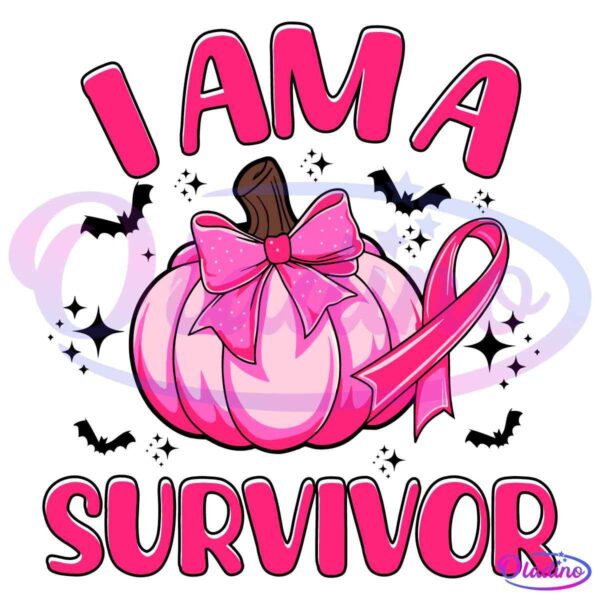 Illustration of a pink pumpkin with a pink bow and ribbon, symbolizing breast cancer awareness. The text "I AM A SURVIVOR" surrounds the pumpkin, celebrating survivorship. The background is black.