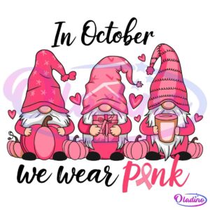 Three gnomes sit with fall-themed items. Each wears a pink hat and holds a different object, including a pumpkin, a gift, and a coffee cup. Pink hearts surround them, and the word "Pink" with a ribbon symbol is in the corner.