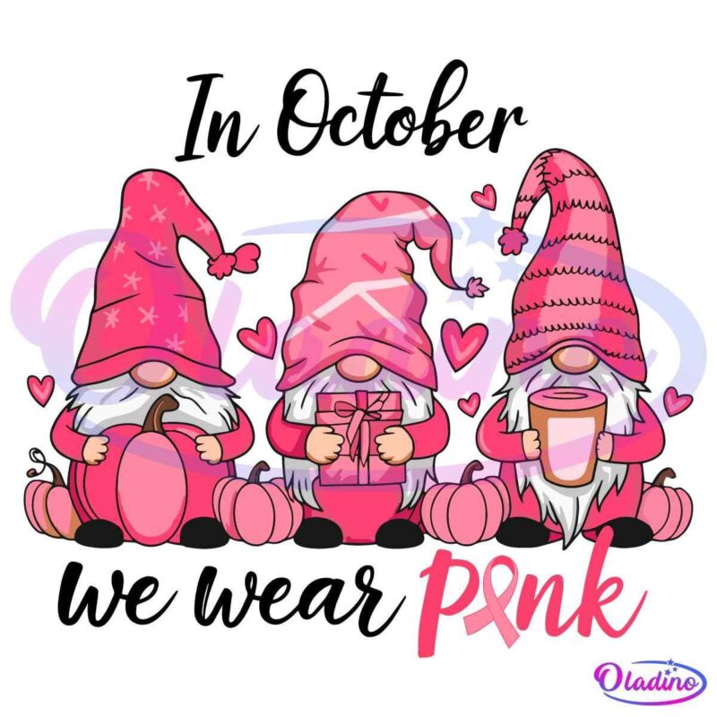 Three gnomes sit with fall-themed items. Each wears a pink hat and holds a different object, including a pumpkin, a gift, and a coffee cup. Pink hearts surround them, and the word "Pink" with a ribbon symbol is in the corner.