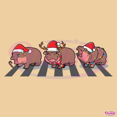 Moo Deng Christmas Cross The Road Santa Hat Christmas Light SVG