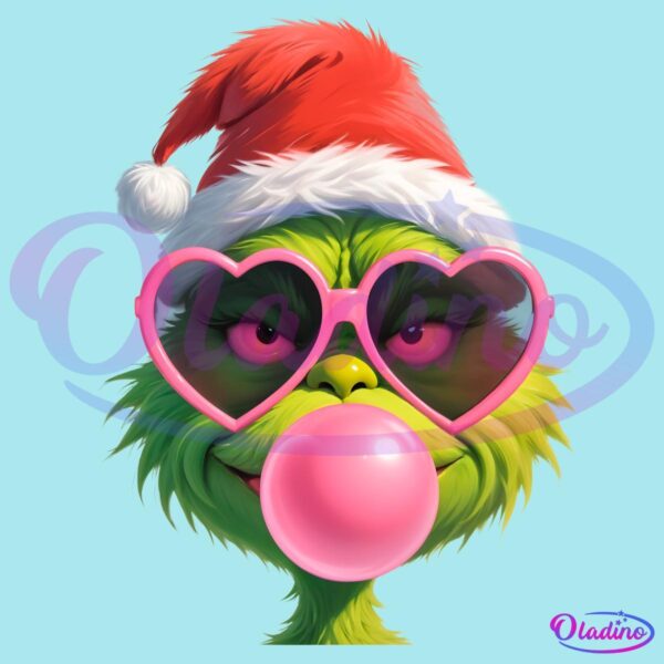 Pink Christmas Grinch Blowing Bubble Heart Sunglasses PNG Sublimation