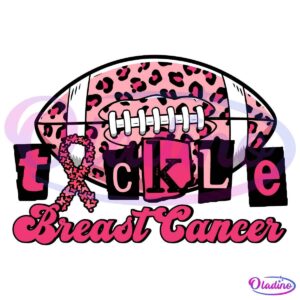 Illustration of a football with a pink leopard print pattern, accompanied by the text "Tackle Breast Cancer" in bold, pink letters. A pink ribbon is intertwined with the letter 'T'. The background is black.