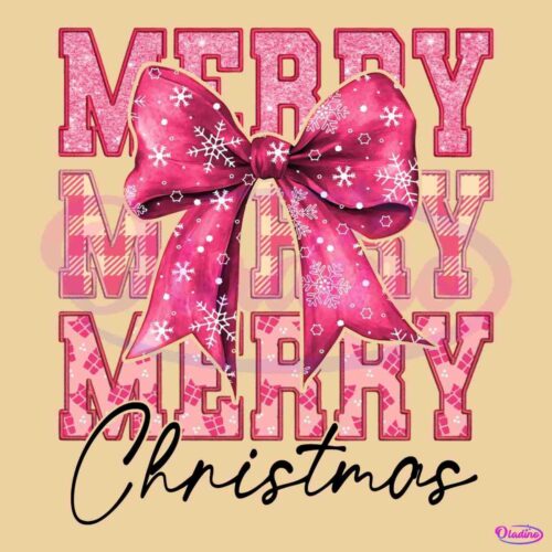 Pink Merry Christmas Glitter Coquette Bow PNG