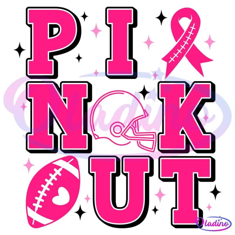 Pink Out graphic with bold pink letters. A pink ribbon replaces the "I," a football helmet stands for the "O," and a football with a heart is part of the design. Surrounded by small pink stars, promoting awareness and support.