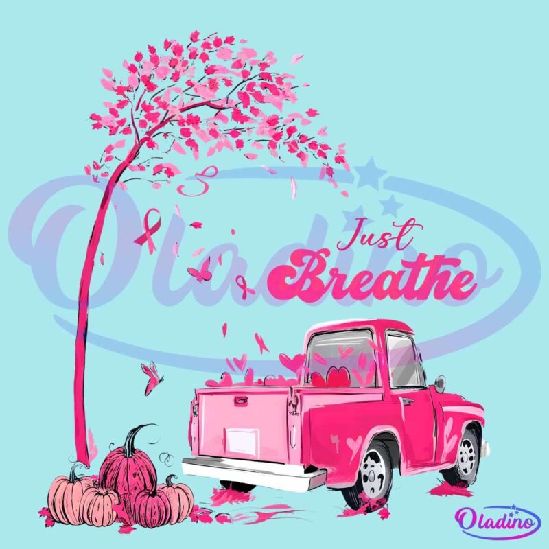 Retro Fall Breast Cancer Just Breathe Pink Ribbon Truck PNG Sublimation