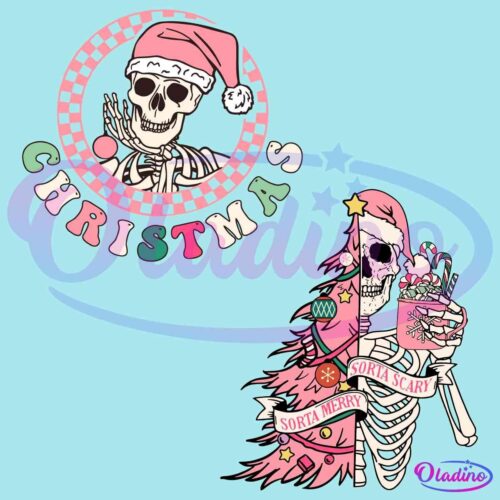 Retro Pink Christmas Sorta Merry Sorta Scary Skeleton Tree SVG