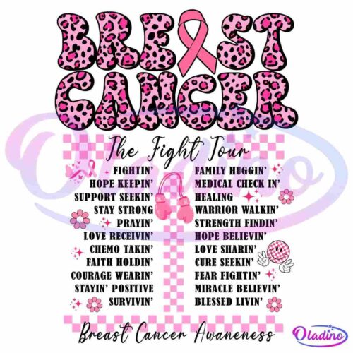 Leopard print text "Breast Cancer" with a pink ribbon, boxing gloves, and various decorative elements like checkered patterns, flowers, and sparkles, emphasizing awareness and support.