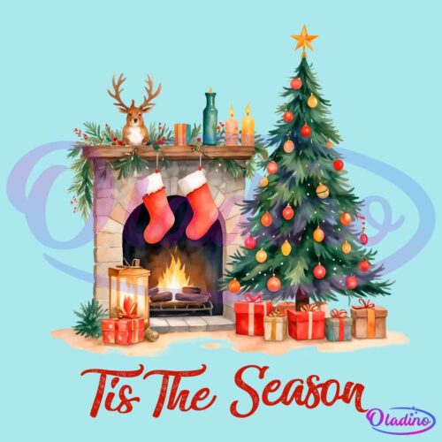 Retro Tis The Season Christmas Fireplace With Tree SVG