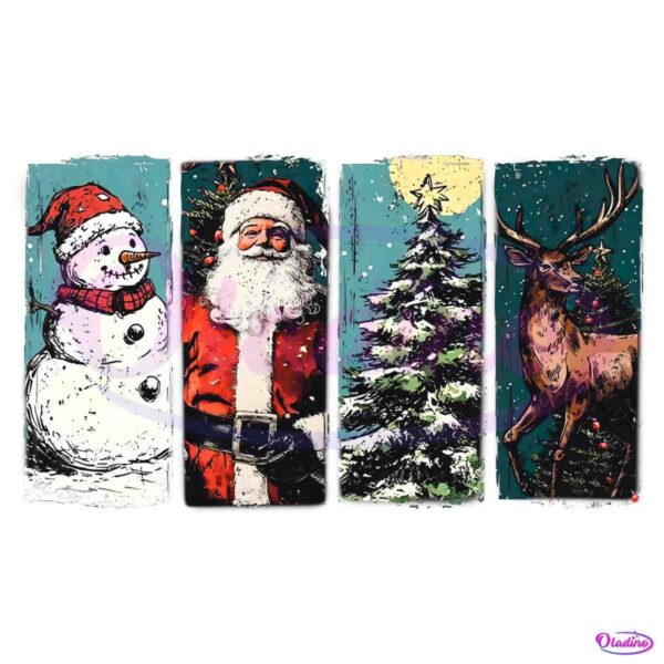 Retro Vintage Christmas Snowman Santa Pine Tree Reindeer PNG