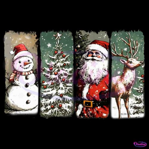 Retro Vintage Snowman Christmas Tree Santa Claus And Reindeer PNG