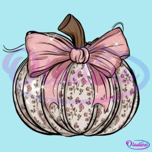 Illustration of a pumpkin adorned with a dainty floral pattern in pink and white, topped with a large pink bow. The pumpkin's whimsical design adds a charming and elegant touch to the image.