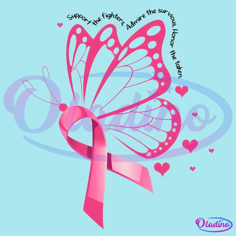 Pink butterfly with a breast cancer awareness ribbon as its body, surrounded by small heart shapes. The wings are detailed with black patterns, symbolizing hope and support.