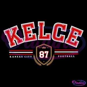 Text image on a black background reads "KELCE" in large red and white letters. Below it, "KANSAS CITY" and "FOOTBALL" are written in smaller white letters on either side of a red shield with the number 87, a crown above it, and gold laurels at the bottom.