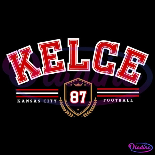 Text image on a black background reads "KELCE" in large red and white letters. Below it, "KANSAS CITY" and "FOOTBALL" are written in smaller white letters on either side of a red shield with the number 87, a crown above it, and gold laurels at the bottom.