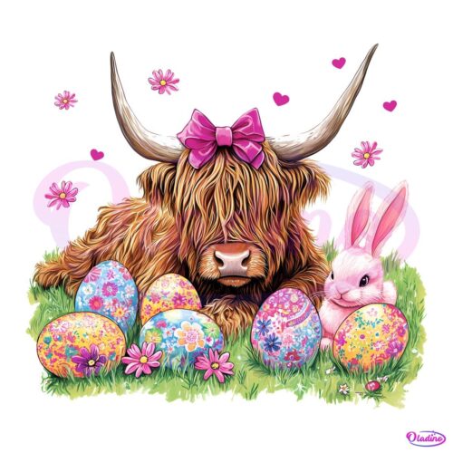 Easter Highland Cow Coquette with Pink Bow PNG