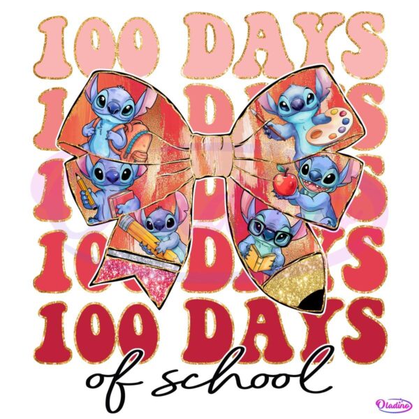 Happy Stitch 100 Days Of School Coquette Bow PNG