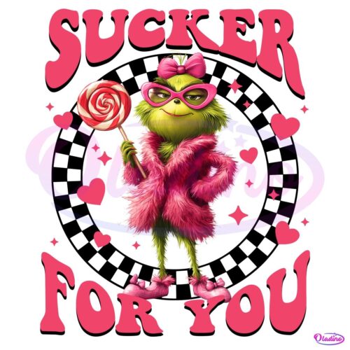 Pink Grinch Sucker For You Checkered Lollipop PNG