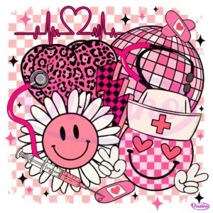 Retro Nurse Valentines Leopard Heart Discoball Checkered PNG