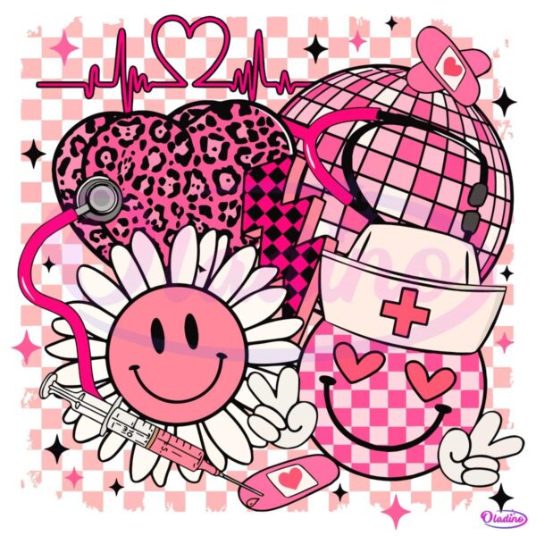 Retro Nurse Valentines Leopard Heart Discoball Checkered PNG